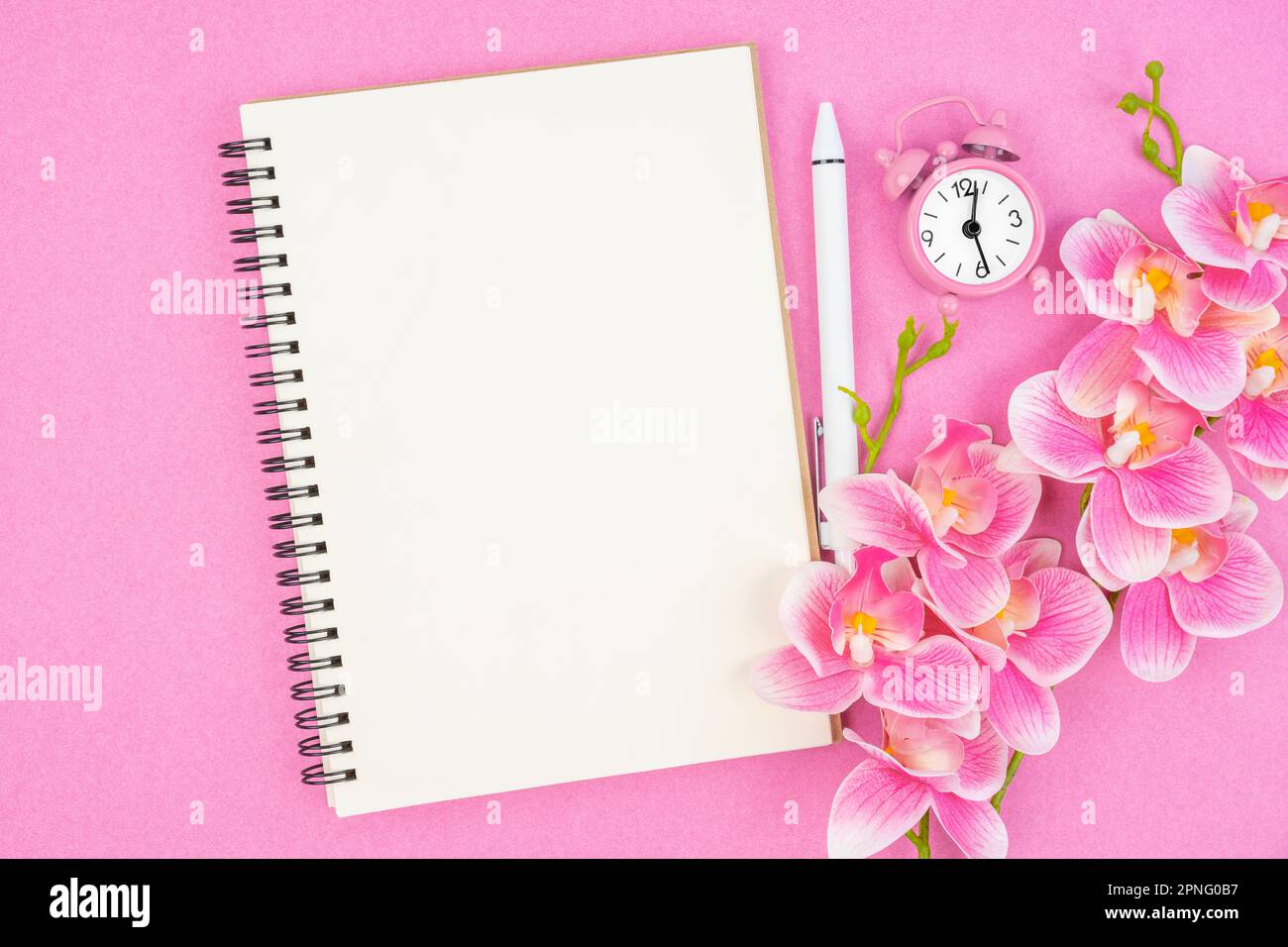Blank open notebook and clock with pink color orchid for your text or ...