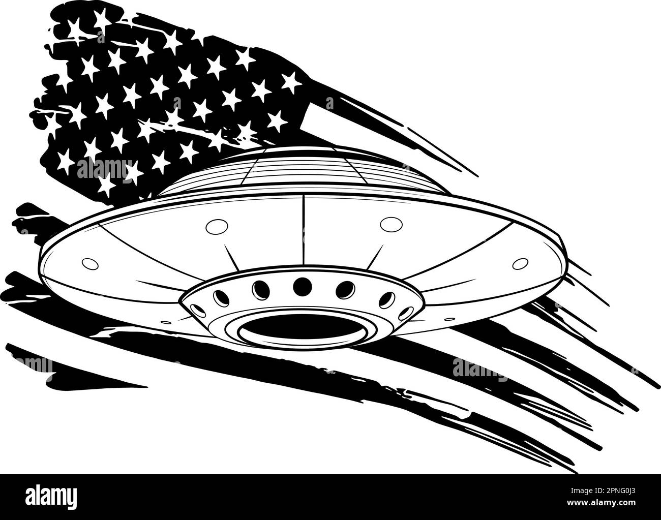 vector illustration of monochrome ufo with american flag Stock Vector