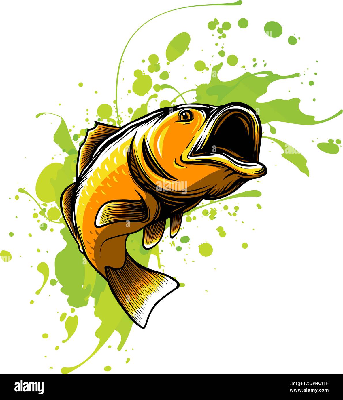 Illustration of a largemouth bass fish jumping done in cartoon style on isolated white background. Stock Vector