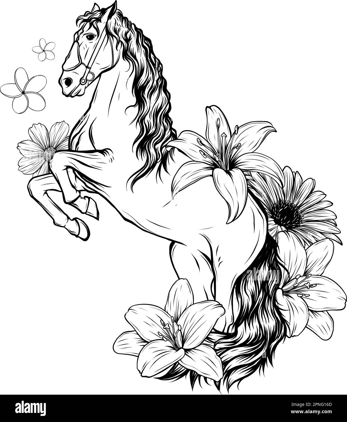 monochrome Beautiful horse with flower. Vector drawn illustration Stock Vector