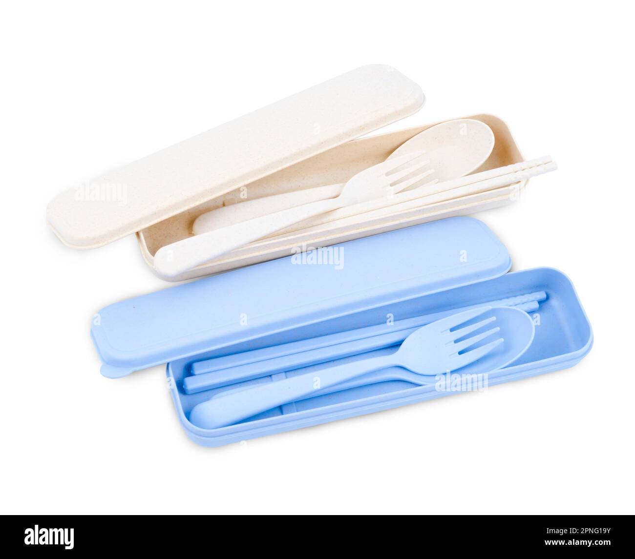 Plastic spoons, forks and chopsticks set isolated on white background. Saved clipping path Stock