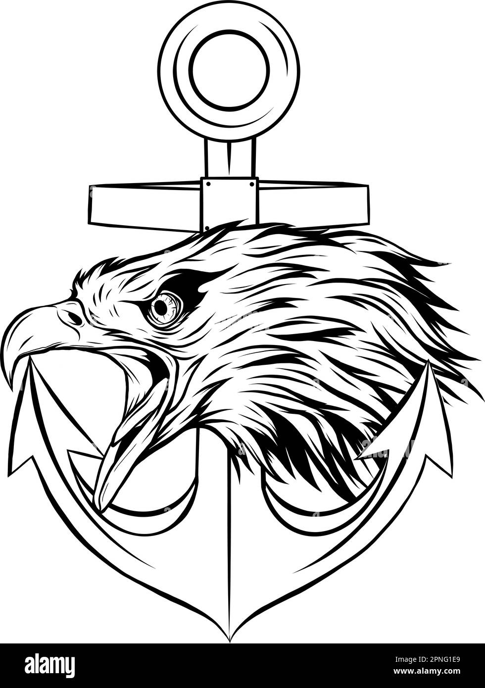 vector illustration of Eagle with Anchor. Monochrome tattoo style. Stock Vector