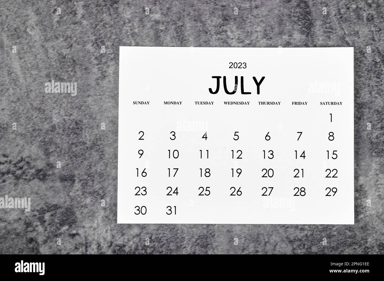 July 2023 monthly calendar for 2023 year on grunge background stock
