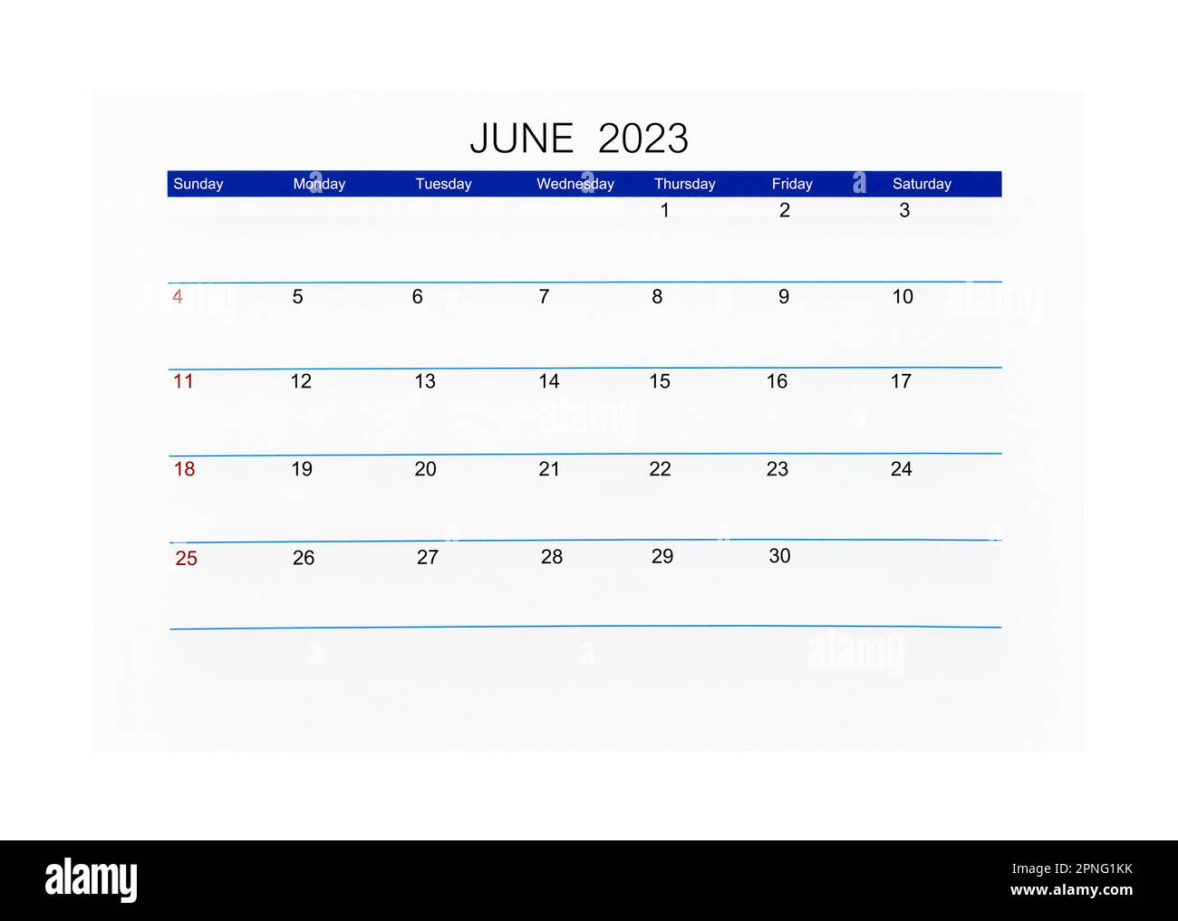 June 2023 calendar page for 2023 year isolated on white background