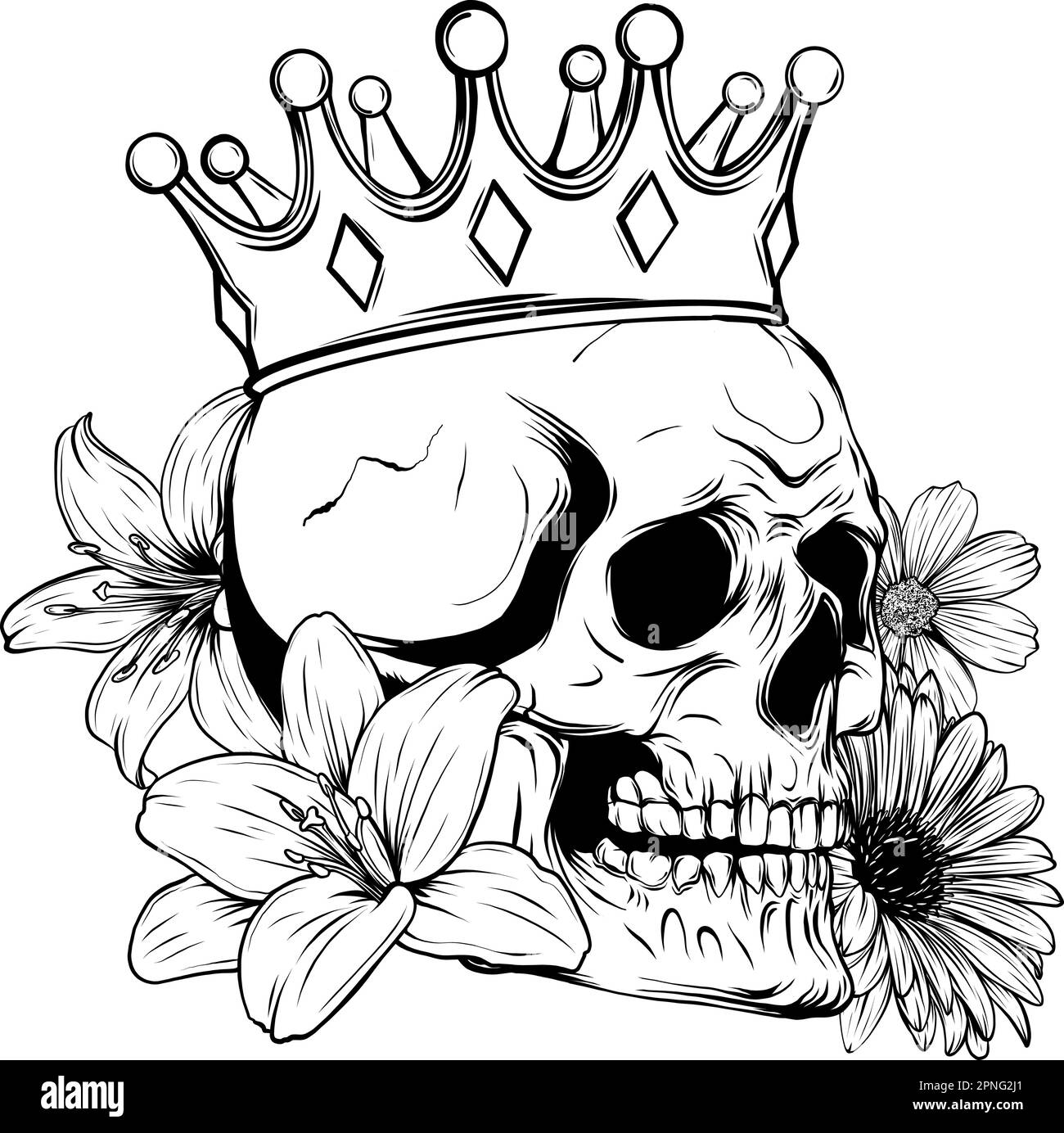 Monochrome Skull, Flowers Day of The Dead Vintage Card, Vector