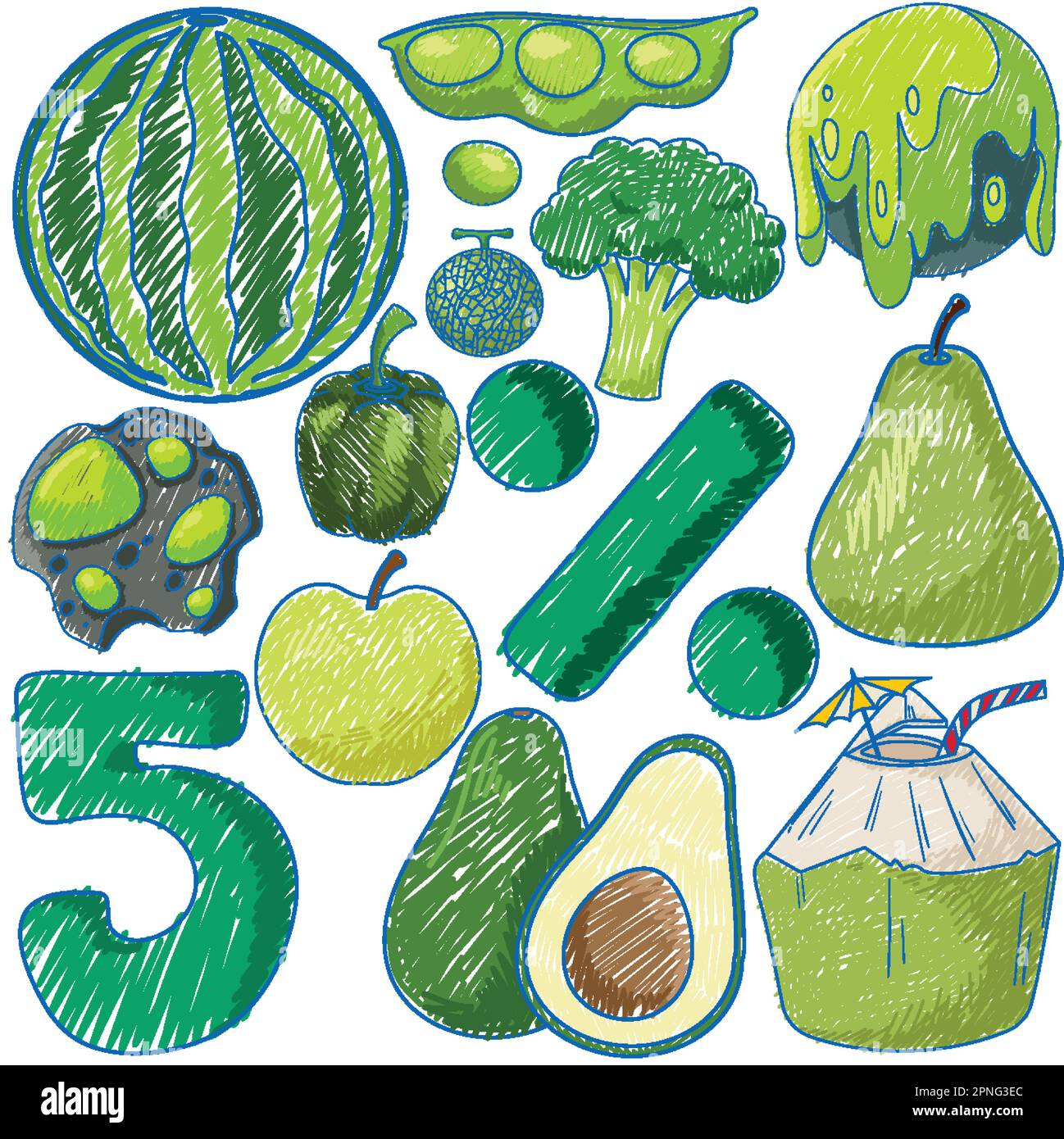 Green objects in Pencil Colour Sketch Simple Style illustration Stock