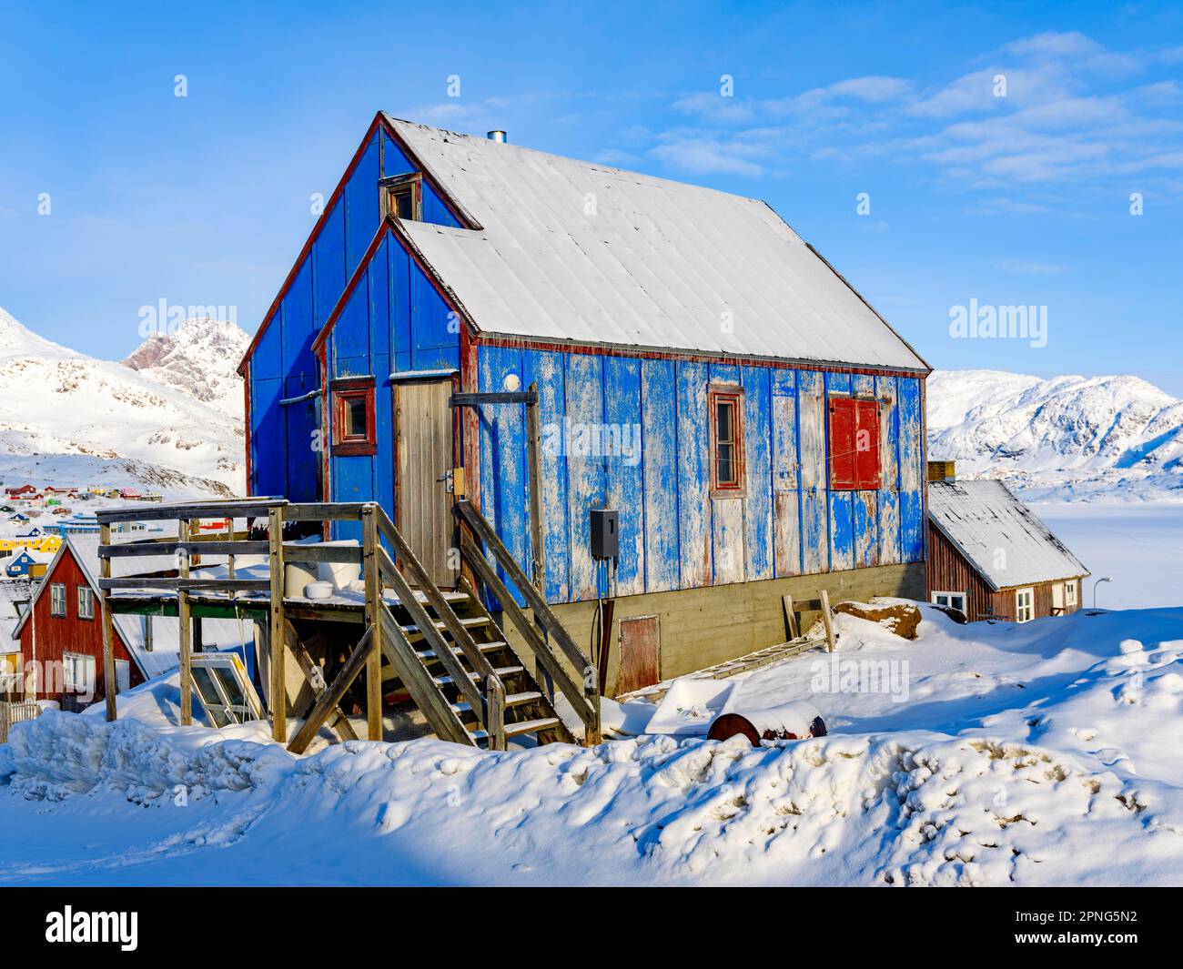 Old colourful wooden house in Tasiilaq in winter, Ammassalik Island ...