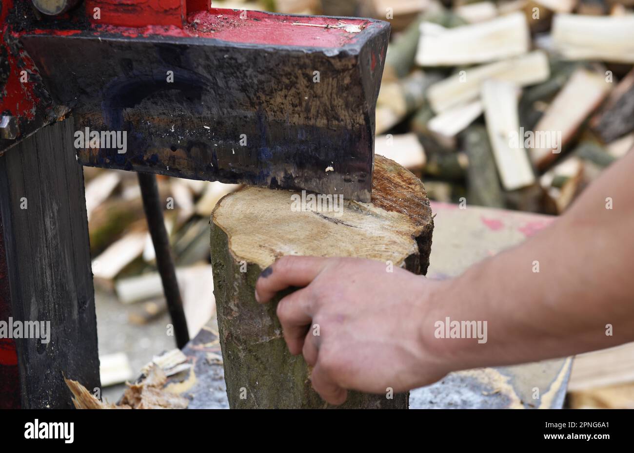 Worker making firewood with a log splitter germany stock photo alamy