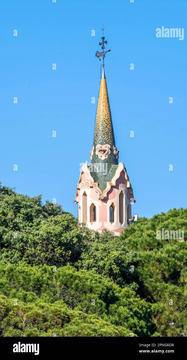 Tower of the Casa Museu Gaudi, Park Gueell, Antoni Gaudi's park, Barcelona, Catalonia, Spain Stock Photo
