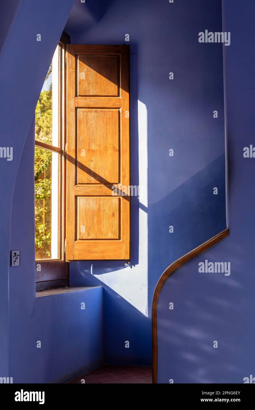 Staircase and window, blue interior of the Casa de la Guardia, Pabellon de porteria, Park Gueell, park by Antoni Gaudi, Barcelona, Catalonia, Spain Stock Photo