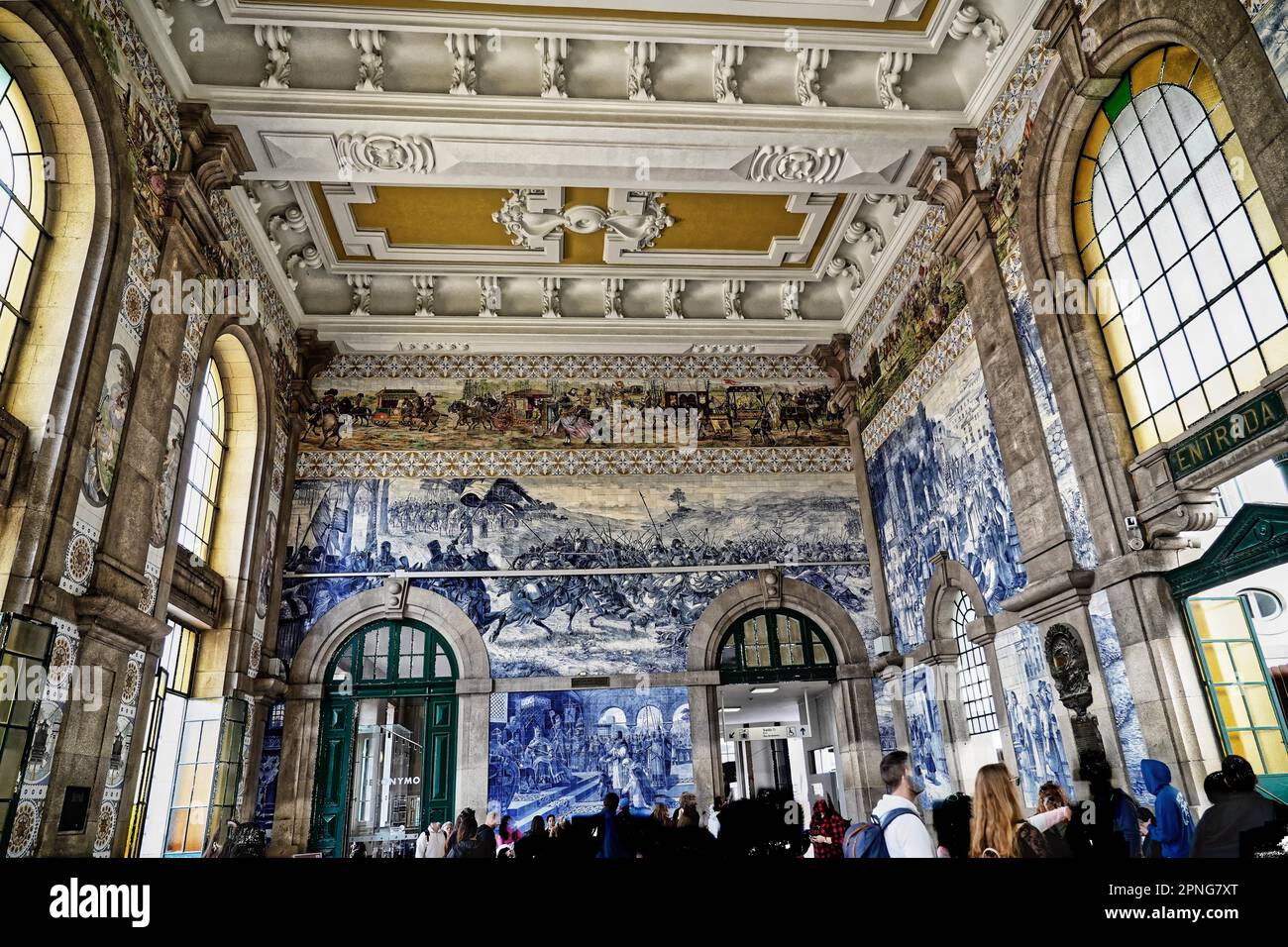 View of azulejos on walls of ornate interior of Arrivals Hall at Sao Bento Railway Station in Porto, Porto, Norte, Portugal Stock Photo