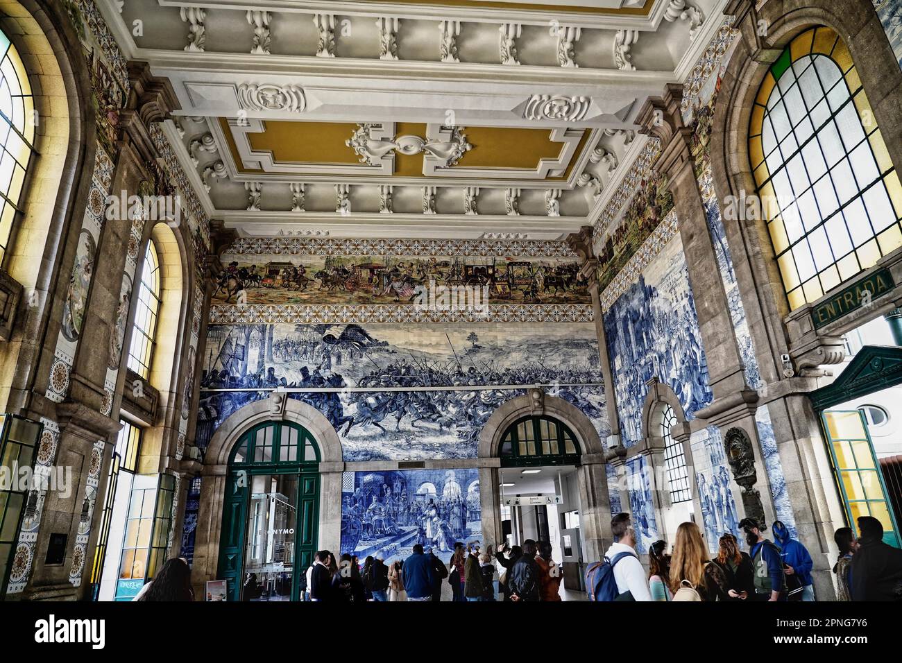 View of azulejos on walls of ornate interior of Arrivals Hall at Sao Bento Railway Station in Porto, Porto, Norte, Portugal Stock Photo