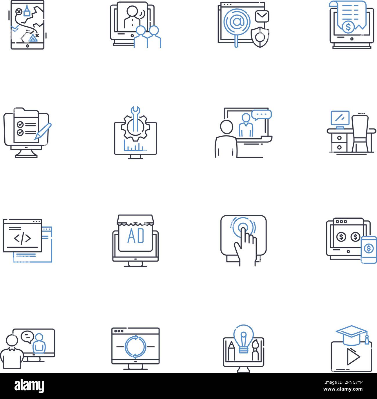 Office software line icons collection. Word, Excel, PowerPoint, Outlook, Access, Publisher, OneNote vector and linear illustration. Visio,Project Stock Vector