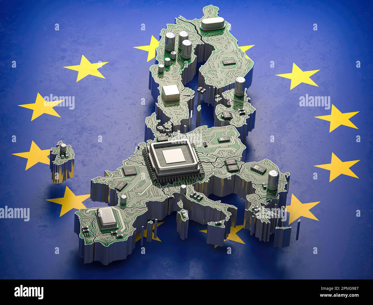 EU semiconductor industry, computer chips manufacturing  and artificial intelligenceconcept. Motherboard with CPU processor in form of map of European Stock Photo