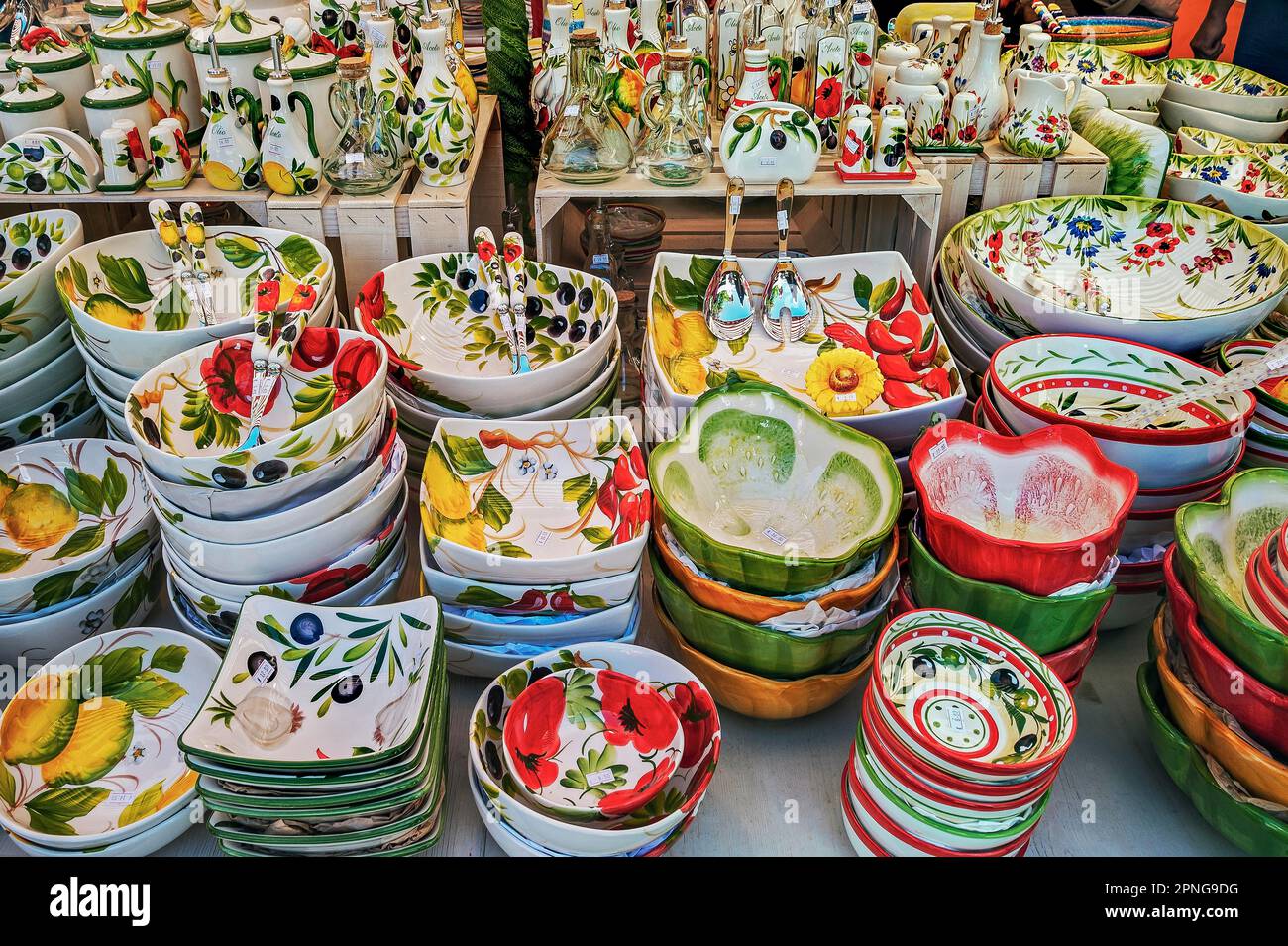 Colourful tableware, Auer Dult, Munich, Bavaria, Germany Stock Photo