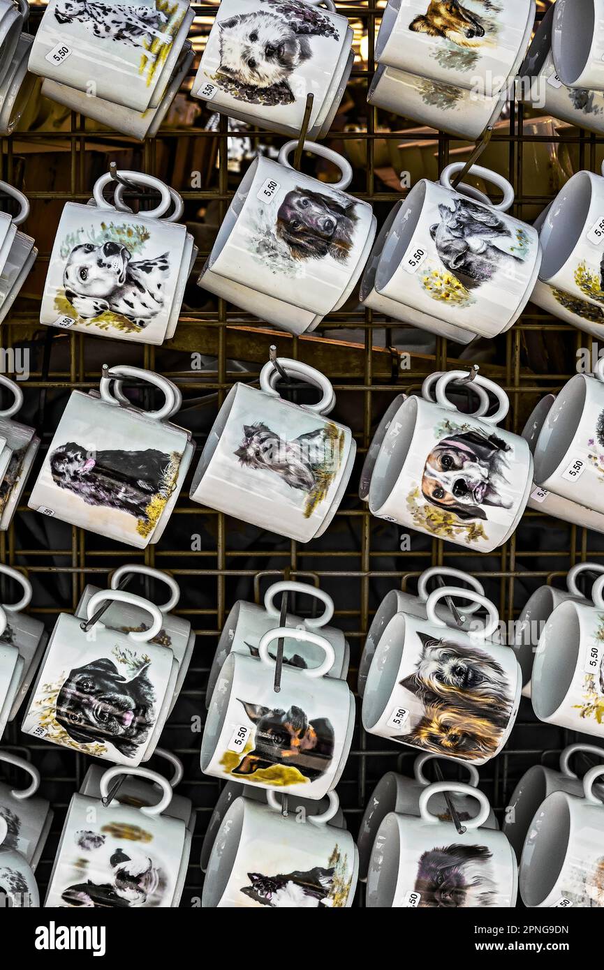 Cups with dog motifs, Auer Dult, Munich, Bavaria, Germany Stock Photo Alamy