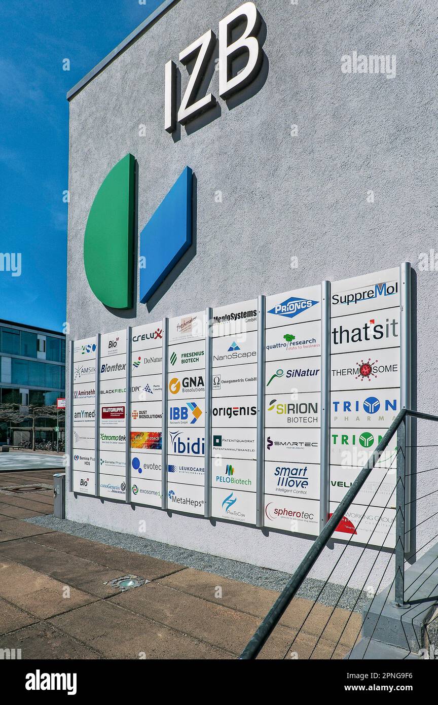Information board with logos at the development company IZB mbH, Innovations- und Gruenderzentrum Biotechnologie in Planegg-Martinsried, Munich Stock Photo