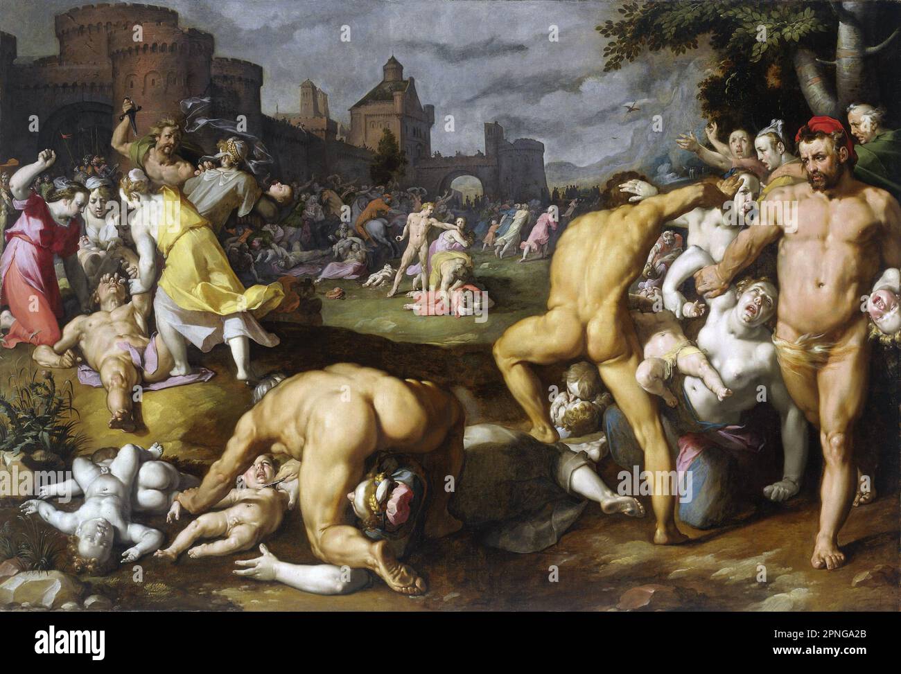 Palestine / Netherlands: 'Massacre of the Innocents'. Oil on canvas painting by Cornelis Van Haarlem (1562 - 11 November 1638), 1590.  Van Haarlem depicts a horrific scene from the Old Testament of the Christian Bible in this 16th century oil on canvas masterpiece.  King Herod has heard that a new King of the Jews has been born in Bethlehem. Unable to identify the Messiah, he orders his soldiers to kill every boy in Bethlehem aged two or under. According to the Hebrew Bible, Mary and Joseph had already fled to Egypt with their newborn, Jesus. They stayed in Egypt until after Herod's death. Stock Photo