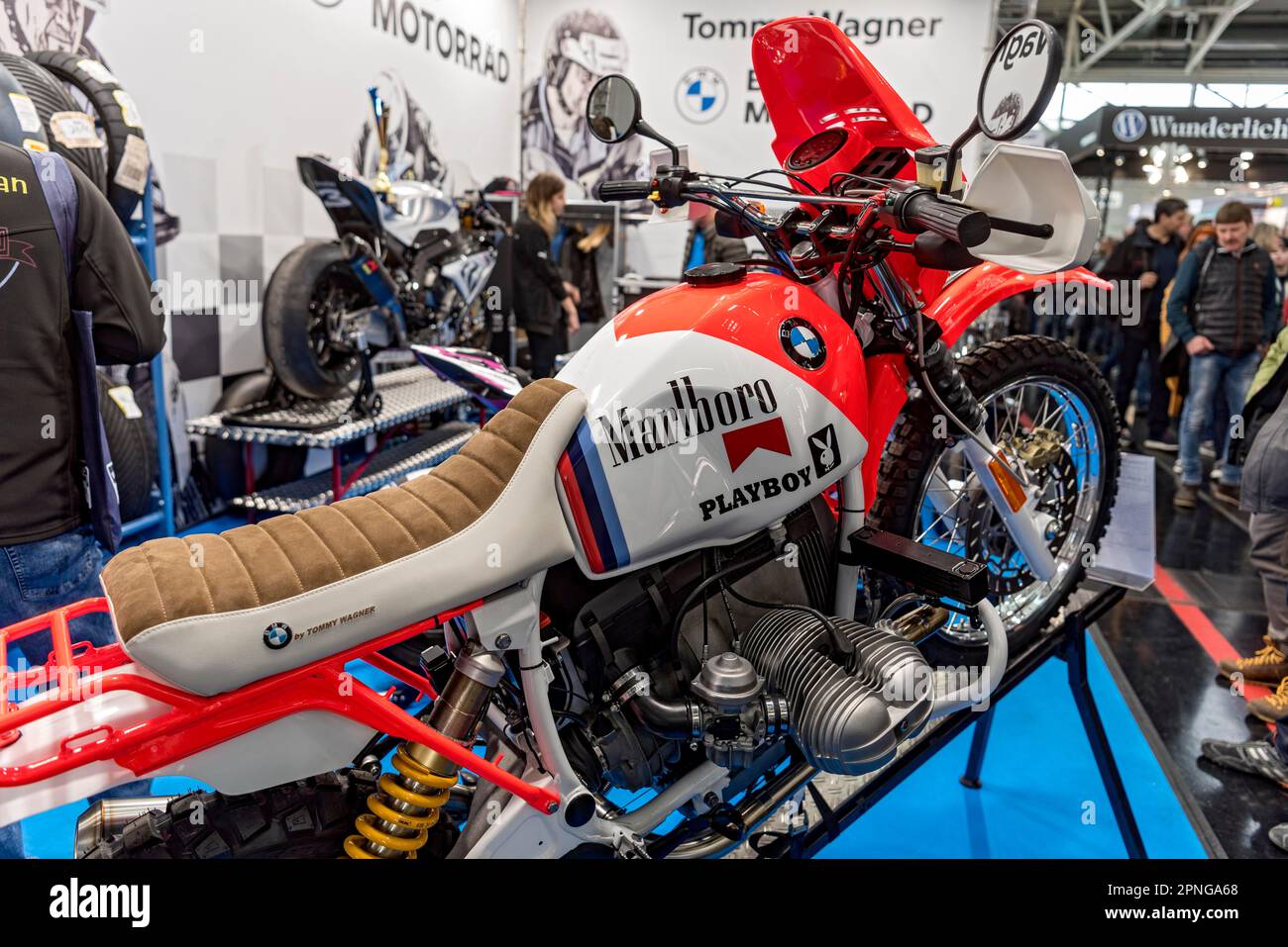 BMW R 80 G S Lac Rose, off-road racing motorbike by Tommy Wagner, logos of Marlboro and Playboy, advertising on the tank, motorbike racing, iMOT Stock Photo