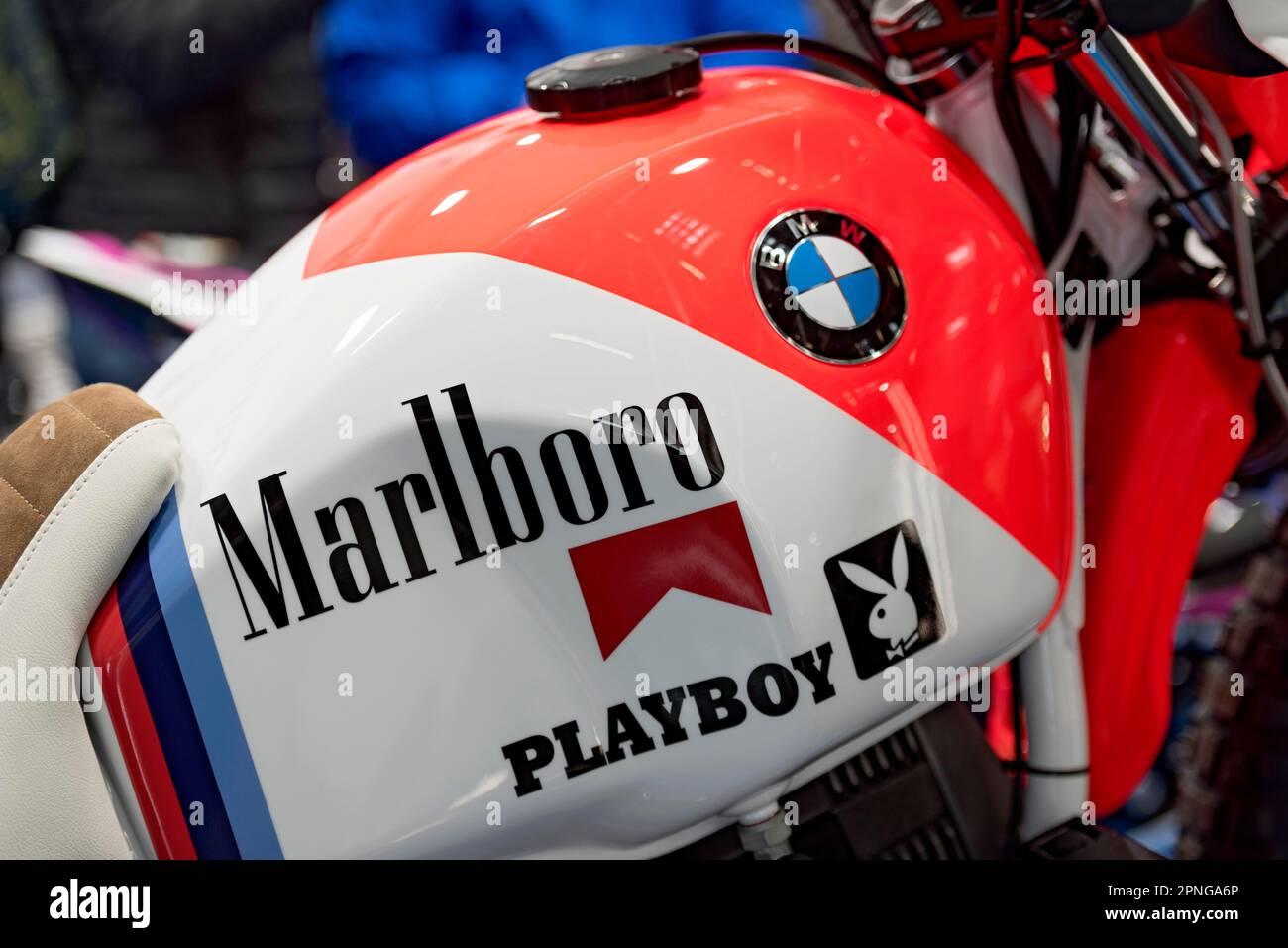 BMW R 80 G S Lac Rose, off-road racing motorbike by Tommy Wagner, logos of Marlboro and Playboy, advertising on the tank, motorbike racing, iMOT Stock Photo