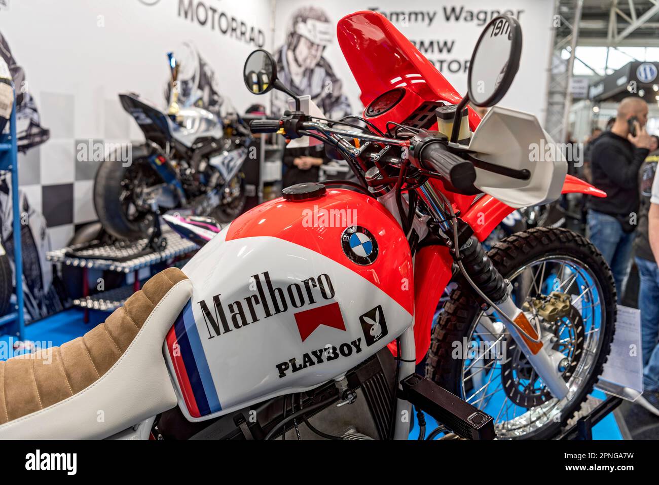 BMW R 80 G S Lac Rose, off-road racing motorbike by Tommy Wagner, logos of Marlboro and Playboy, advertising on the tank, motorbike racing, iMOT Stock Photo
