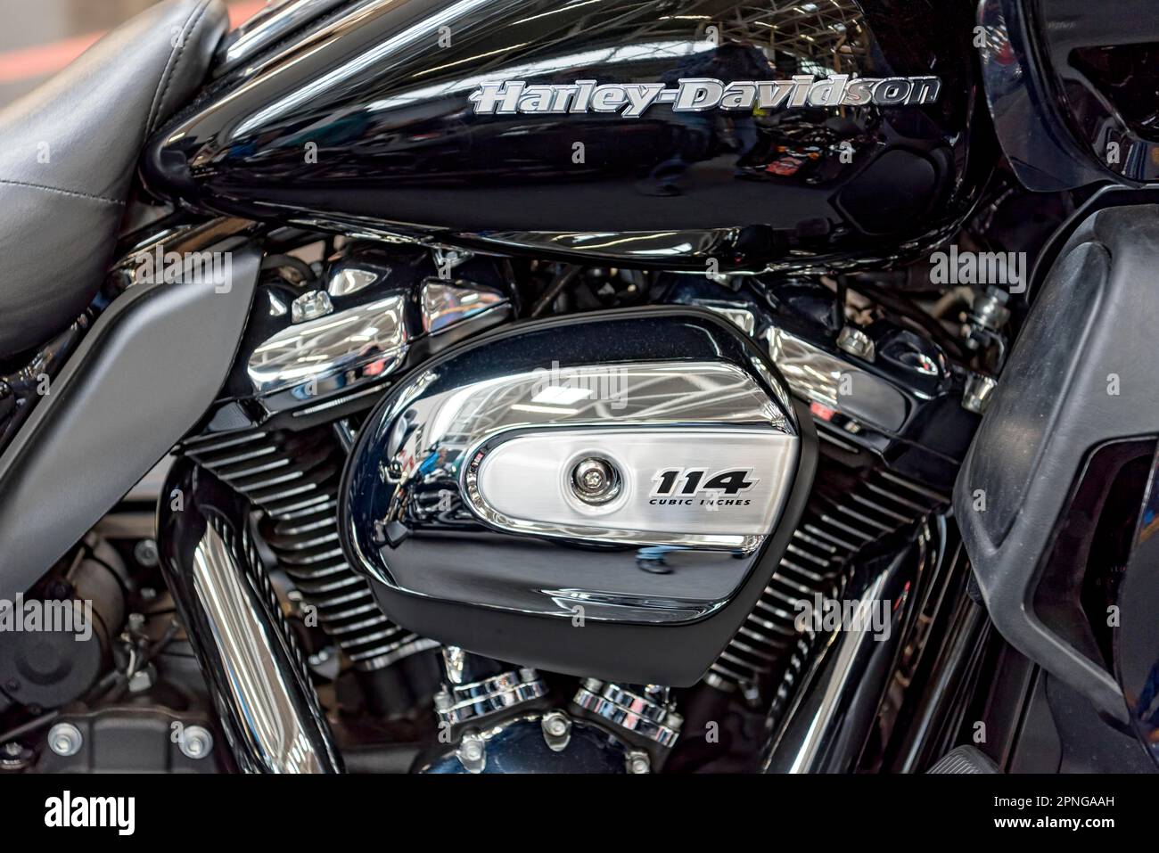 Engine block of a Harley-Davidson FLHXS Street Glide Special, House of Flames, Haley Davidson Motorcycles exhibition stand, iMOT international Stock Photo