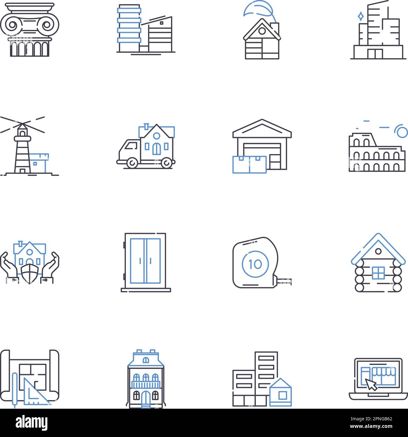 Bungalows line icons collection. Cozy, Quaint, Charming, Serene, Rustic, Secluded, Welcoming vector and linear illustration. Nostalgic,Relaxing Stock Vector