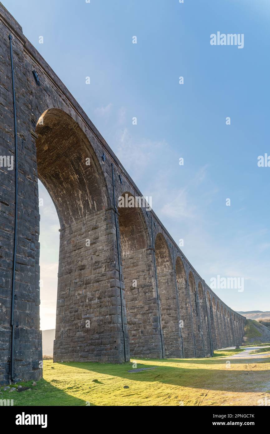 Yorkshire Dales National Park, England; April 10, 2023 - A view of the Ribblehead Viaduct in the Yorkshire Dales National Park, England. Stock Photo