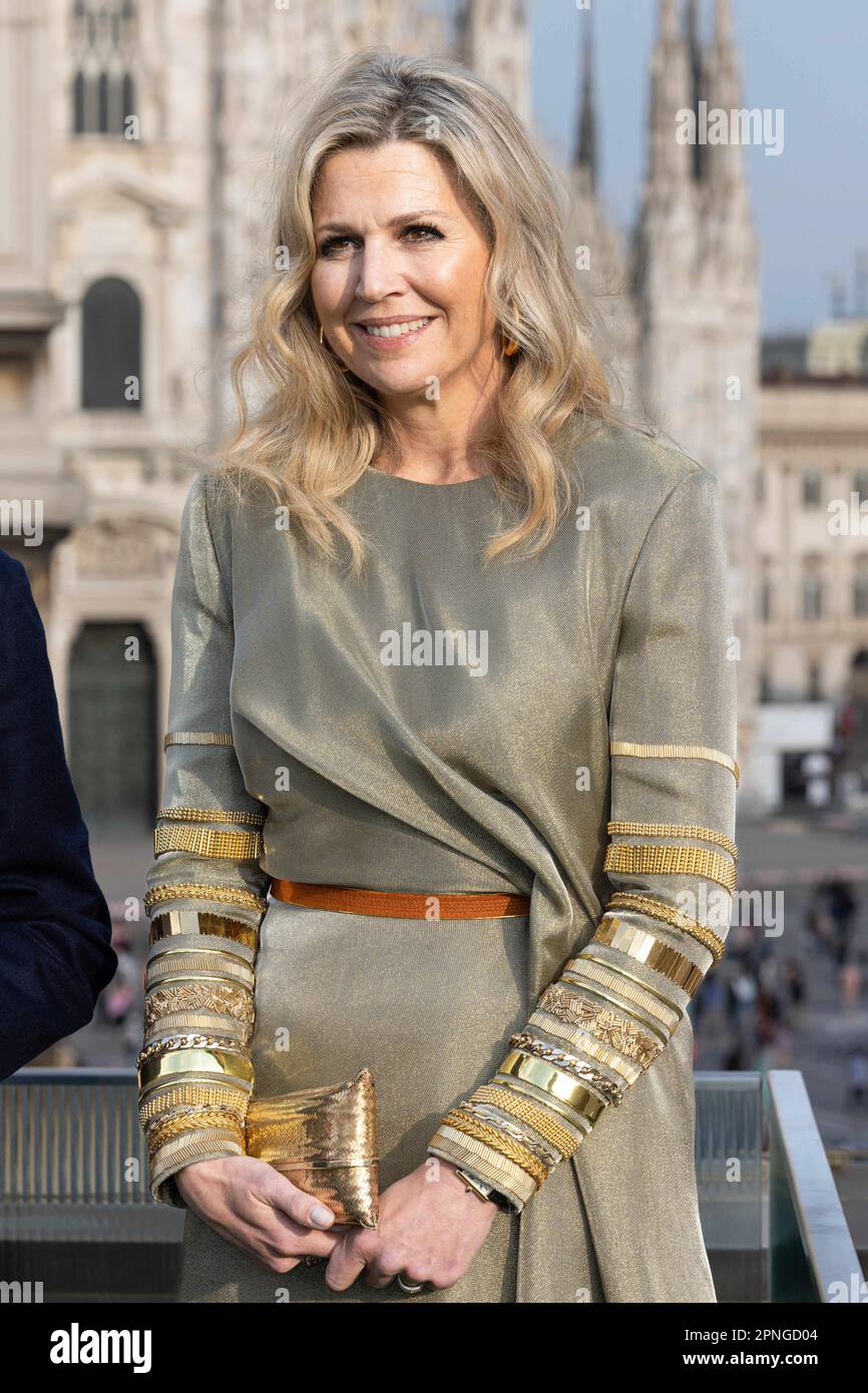 Milan, Italy. 18th Apr, 2023. Queen Maxima of The Netherlands with Beppe Sala (Milan's major) and his wife Chiara Bazoli on the roof terrace of Palazzo Giureconsulti during Milan Salone del Mobile, Milan, Italy, April 18, 2023. Photo by Marco Piovanotto/ABACAPRESS.COM Credit: Abaca Press/Alamy Live News Stock Photo