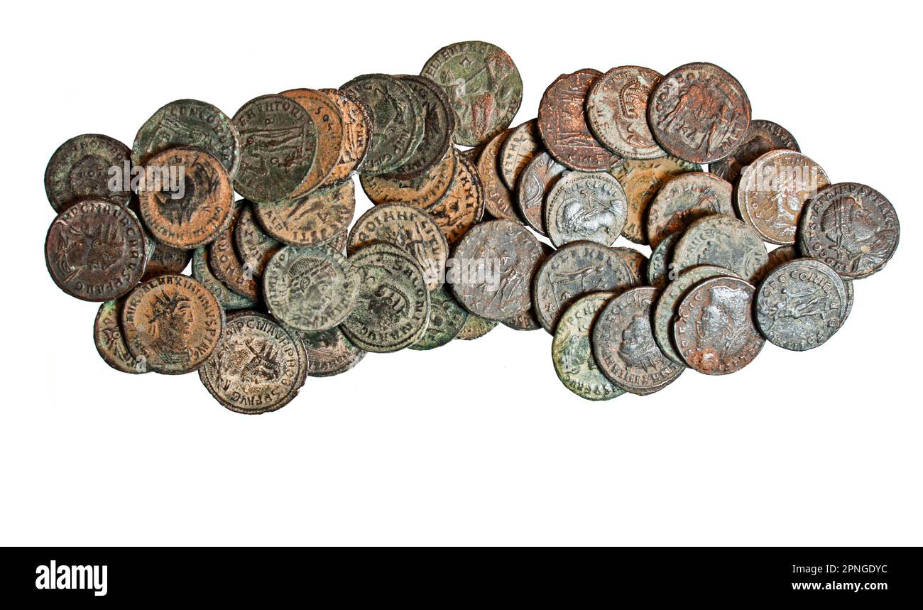 55 late roman bronze coins 3rd - 4th century CE Stock Photo