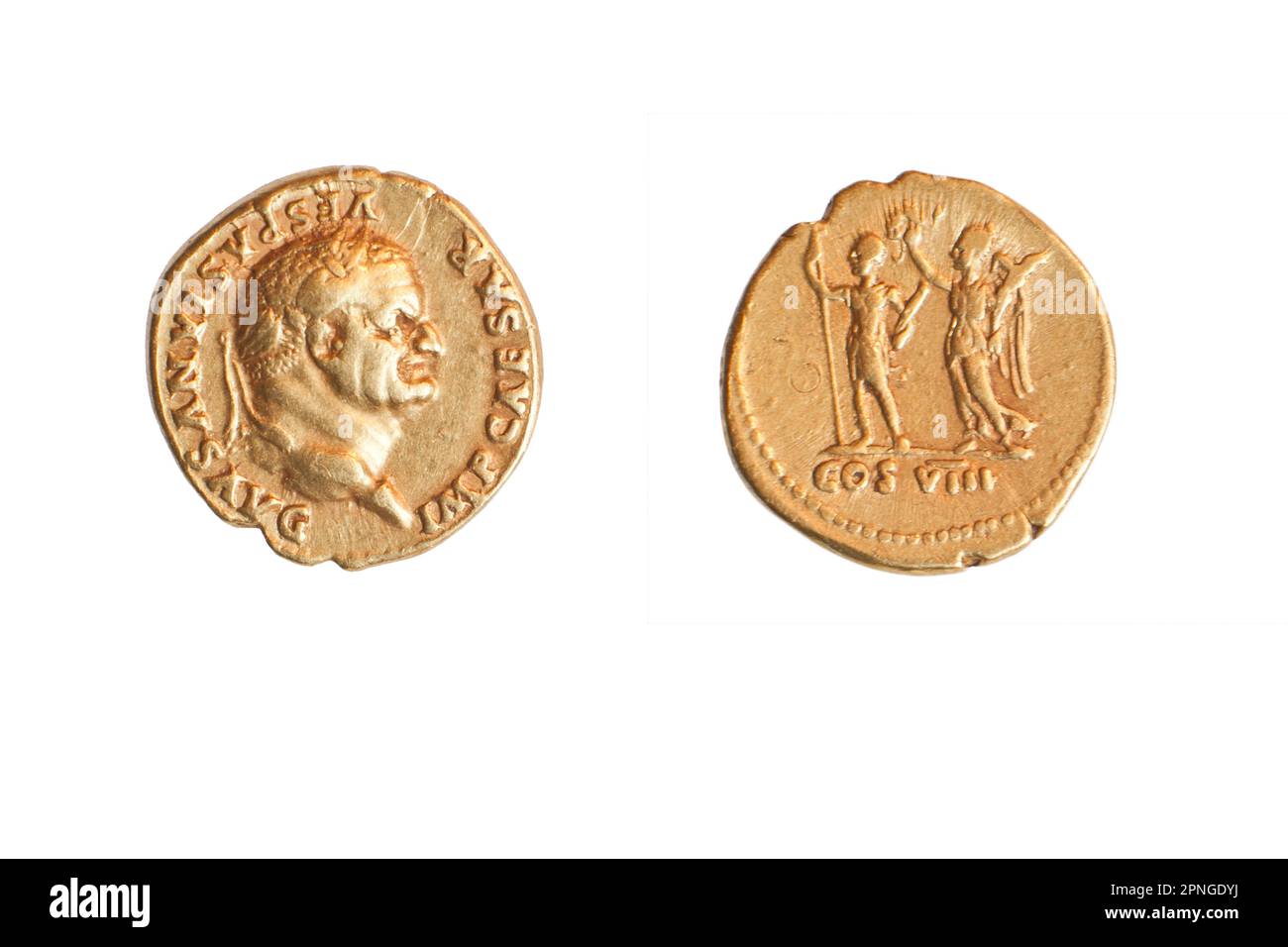The Emperor and Nike. Roman gold coin depicting emperor Vespasian 69-79 CE (private collection) Stock Photo