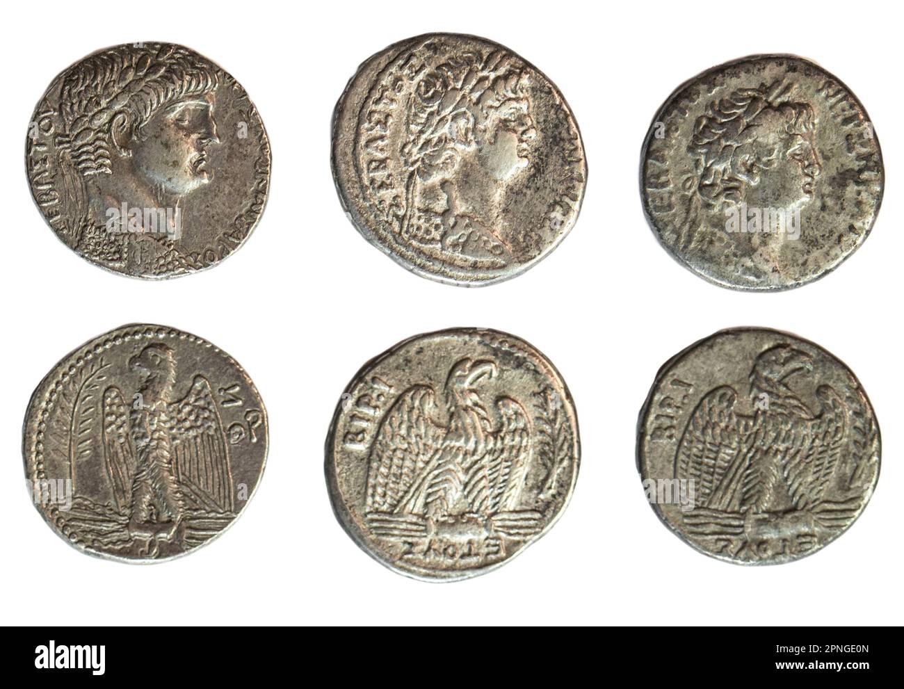 Nero 54-68 CE Silver Tetradrachm coins Head of Nero and Eagle. On White Background Stock Photo