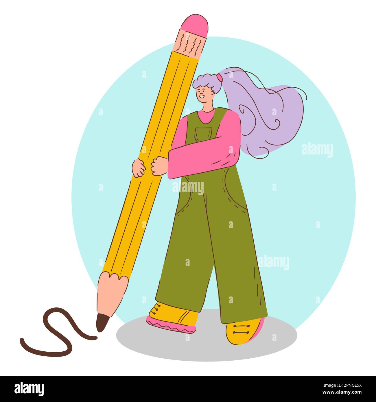 A cheerful girl with a large pencil draws on the floor. Student with a pencil. Flat illustration