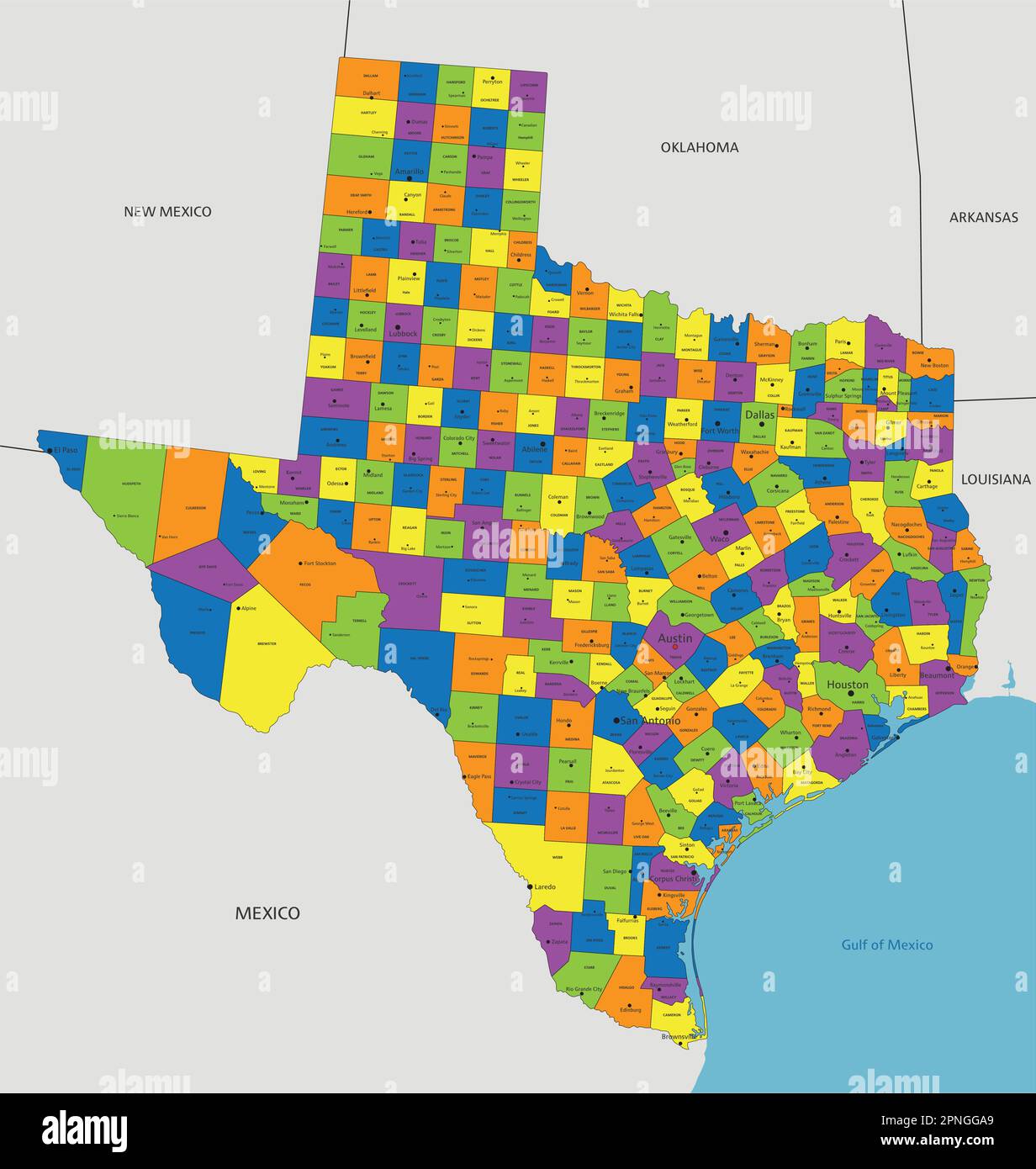 Colorful Texas political map with clearly labeled, separated layers ...