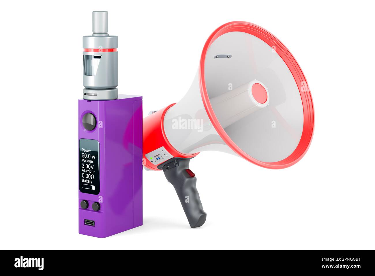 Vape Box Mod with megaphone, 3D rendering isolated on white background  Stock Photo