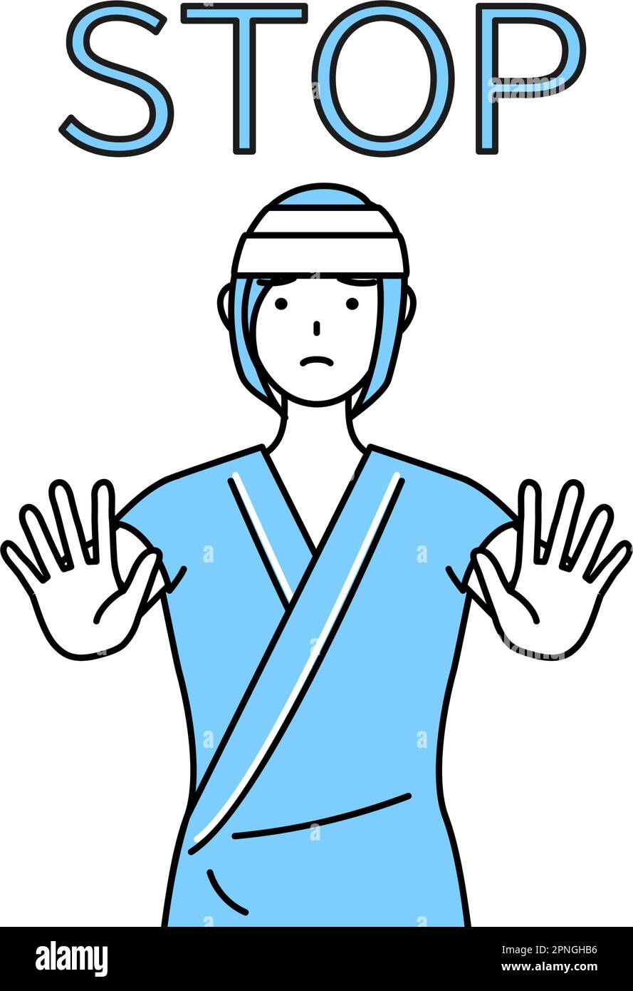 Female inpatient wearing hospital gown and bandage on head with her hands out in front of her body, signaling a stop, Vector Illustration Stock Vector
