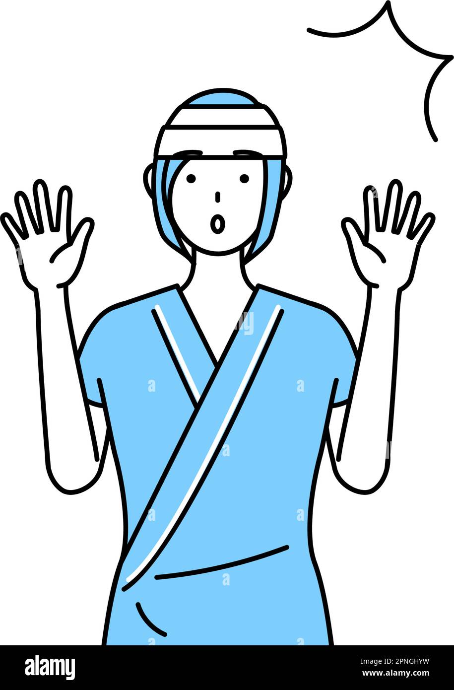 Female inpatient wearing hospital gown and bandage on head raising her hand in surprise, Vector