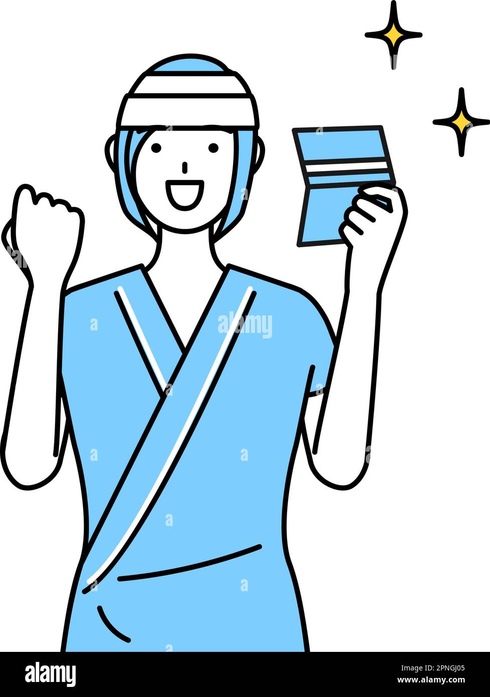 Female inpatient wearing hospital gown and bandage on head who is