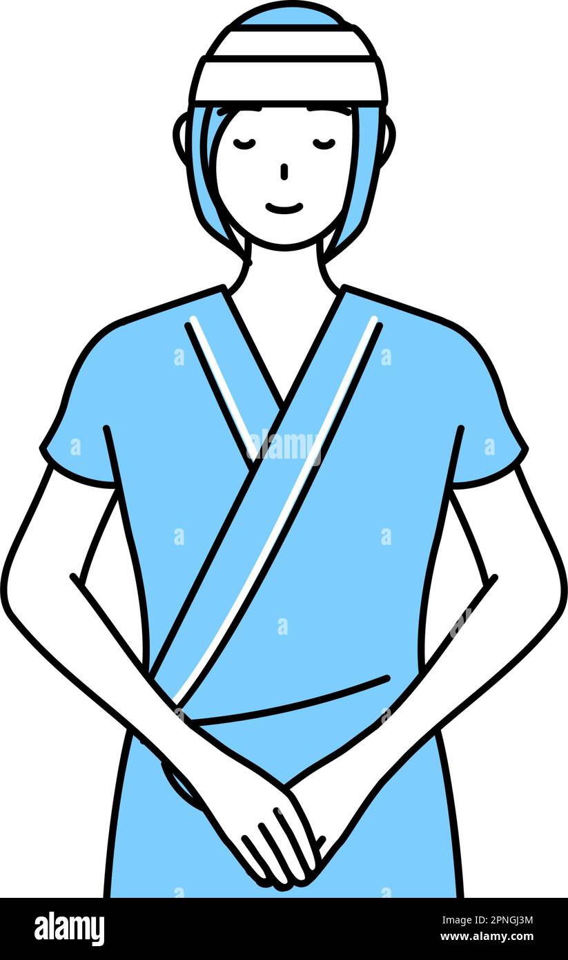 Female inpatient wearing hospital gown and bandage on head bowing with folded hands, Vector
