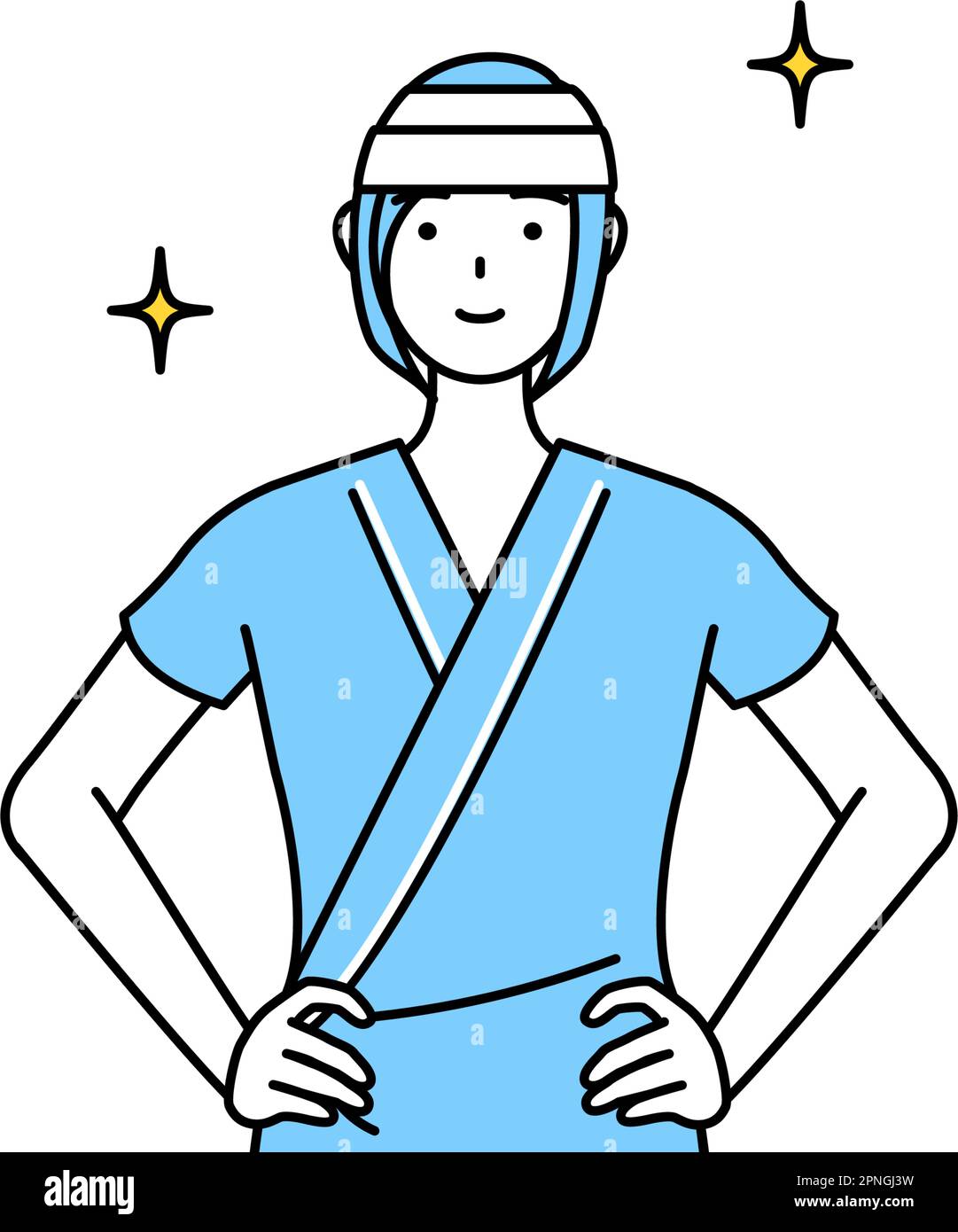 Female inpatient wearing hospital gown and bandage on head with her hands on her hips, Vector Illustration Stock Vector