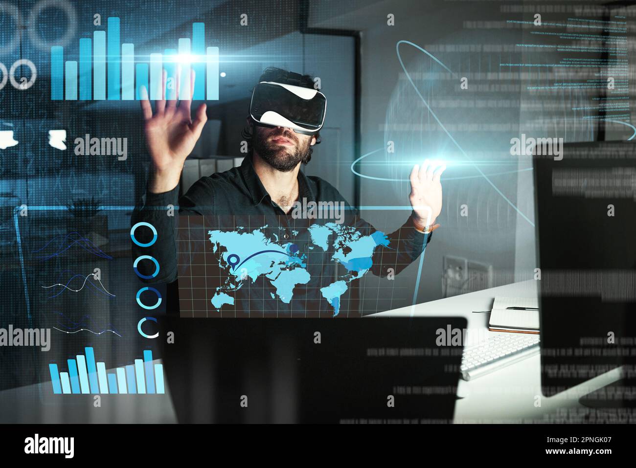 Virtual reality, business man and touch graphs, statistics or data