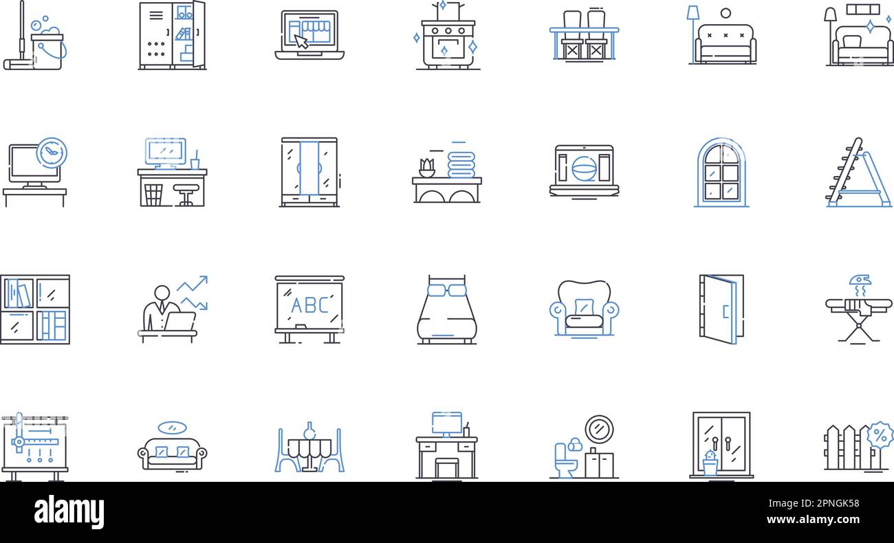 Furnishings line icons collection. Sofas, Chairs, Tables, Beds, Dressers, Bookcases, Ottomans vector and linear illustration. Recliners,Lamps,Cabinets Stock Vector