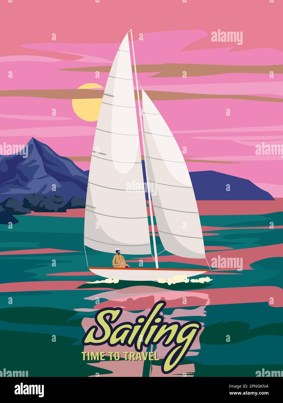 Poster retro Sailing Time to Travel sailing ship on the ocean, sea