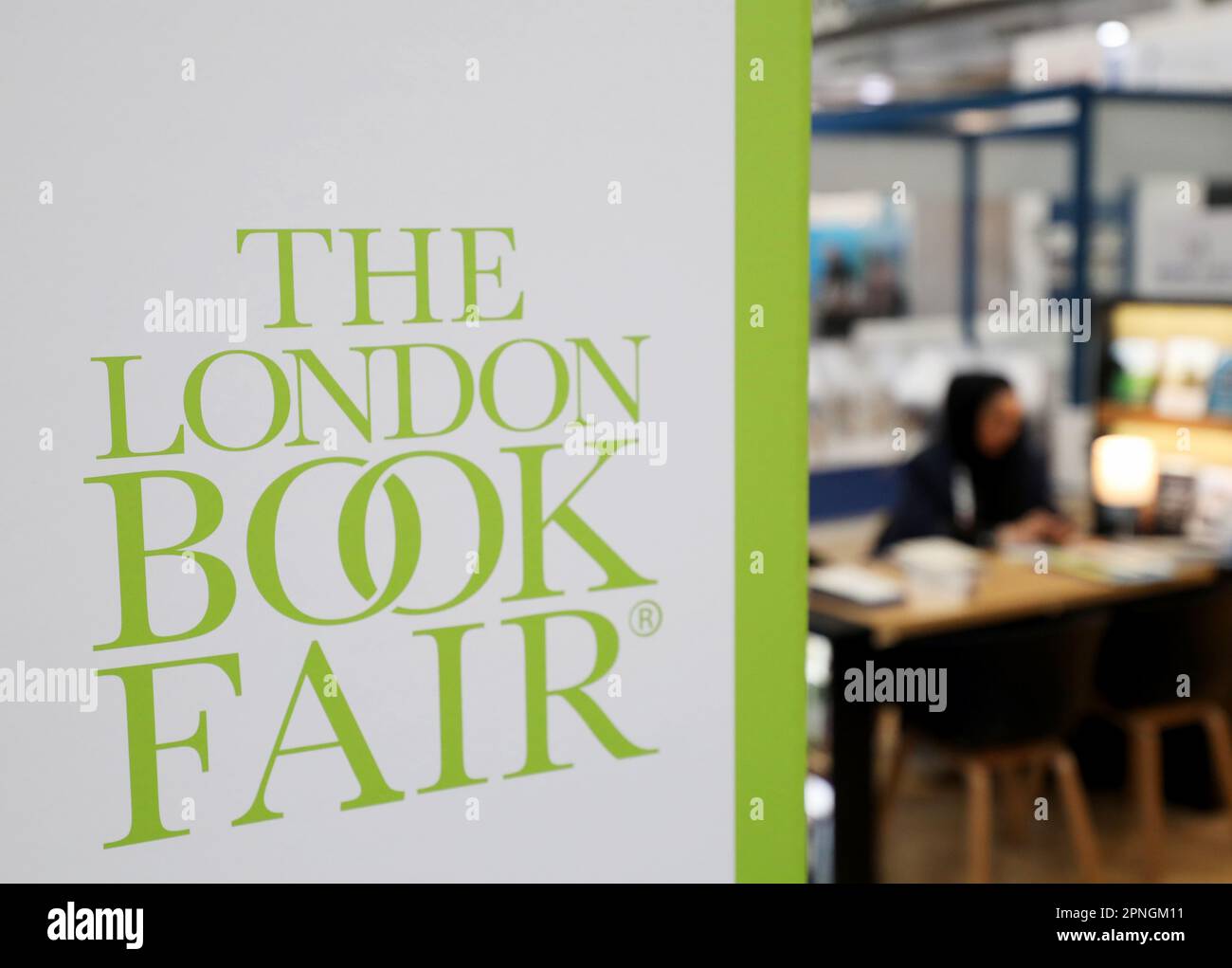 London, Britain. 18th Apr, 2023. A logo is pictured at the London Book Fair in London, Britain