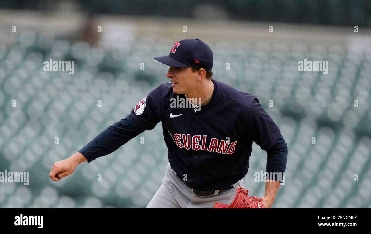 Cleveland Guardians relief pitcher James Karinchak plays during first
