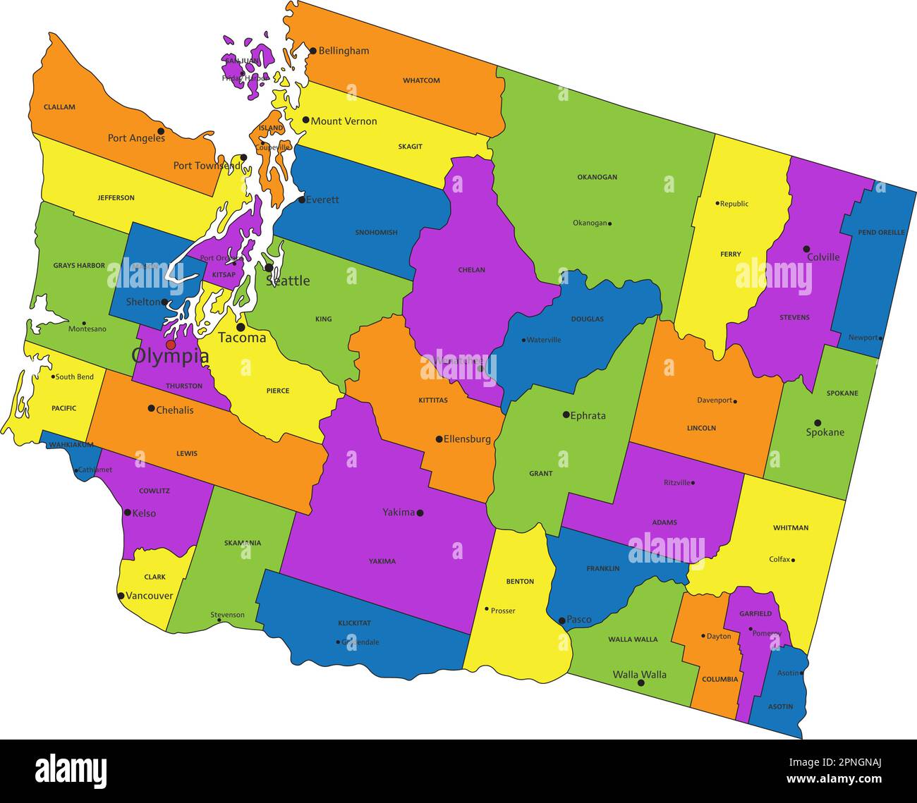 Colorful Washington Political Map With Clearly Labeled Separated Layers Vector Illustration 