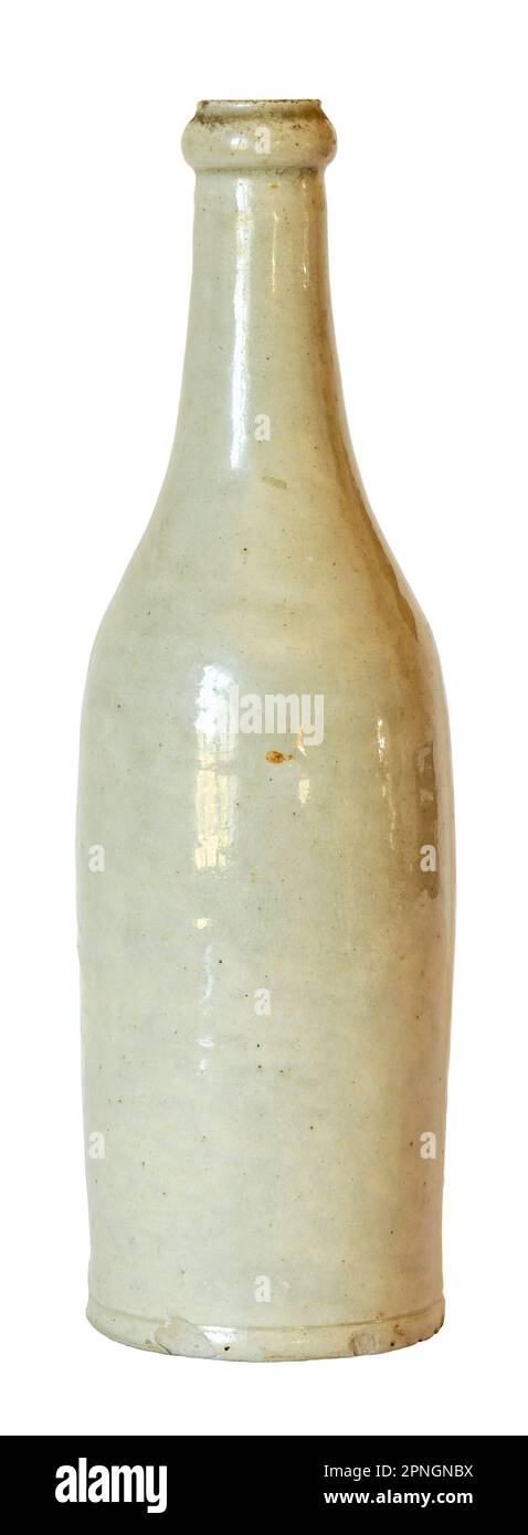 White antique stoneware bottle isolated on white background Stock Photo