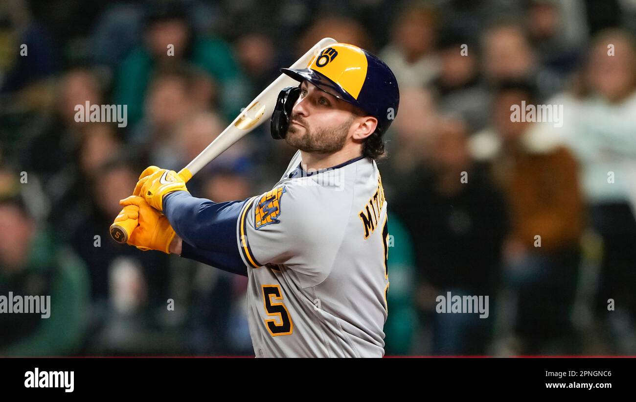 Milwaukee Brewers' Garrett Mitchell follows through against the Seattle  Mariners in a baseball game Monday, April 17, 2023, in Seattle. (AP  Photo/Lindsey Wasson Stock Photo - Alamy