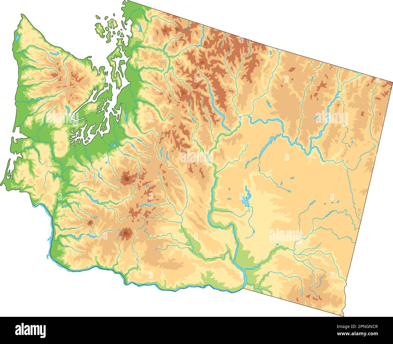 Highly detailed Washington physical map. Stock Vector