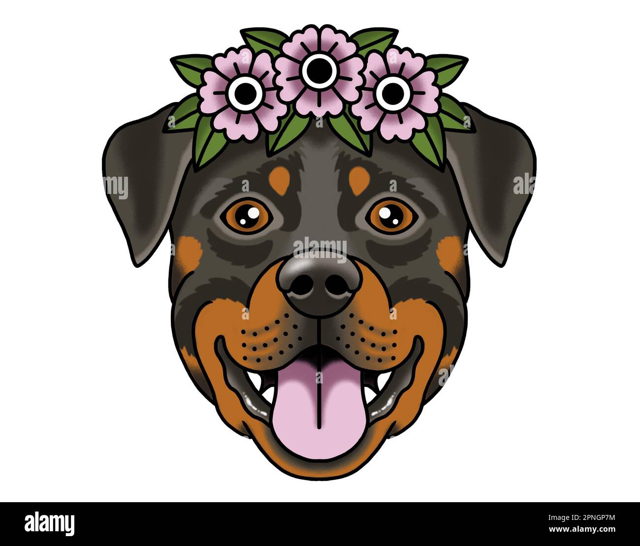 Dog Portrait Rottweiler with flower grown full color Drawing inspired